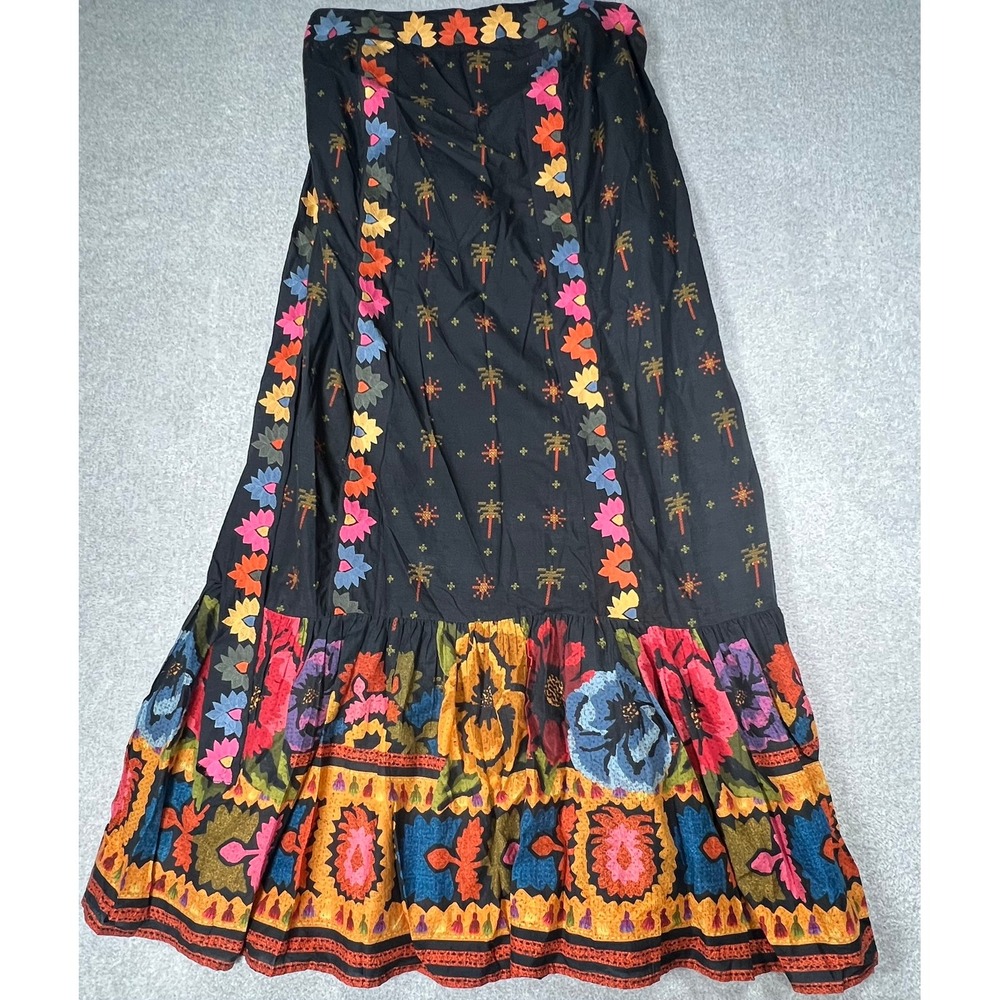 Farm Rio Anthropologie Dress 1X Black Embroidered Strapless Maxi Tie Back Boho - Picture 14 of 16